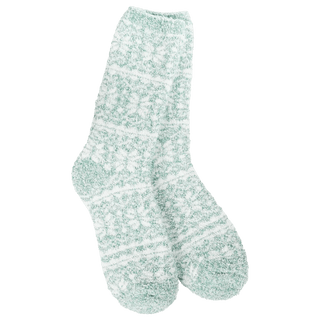 Mint green marled crew socks with white snowflake stripes