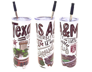 Three tumblers with decorative text and graphics 