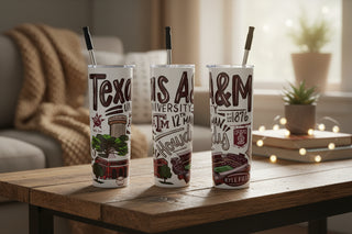 Three tumblers with decorative text and graphics