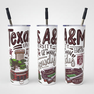 Three tumblers with decorative text and graphics