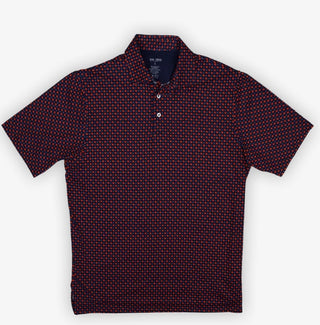 Red and black patterned polo shirt on a white background