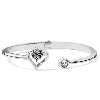 Silver-plated Brighton Alcazar Duet Heart open hinged bangle showing front double-heart motif, filigree details, and functional hinge closure