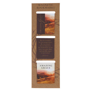 Amazing Grace magnetic bookmark set with Isaiah 53:5 verse and golden landscape design
