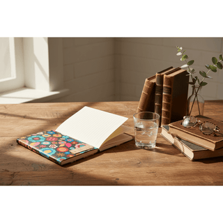 Amelie Notebook lifestyle photo on rustic wooden desk