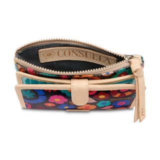 Colorful floral-patterned wallet with beige zipper and 'Consuela' branding 