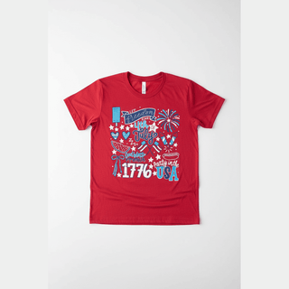 Women's red Bella Canvas Fourth of July graphic tee with all-American icons and patriotic text