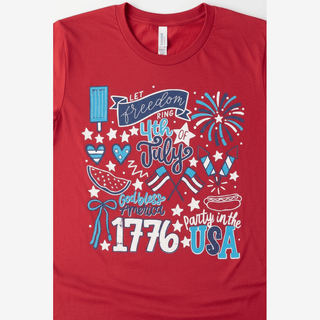 Close-up of soft red cotton jersey women's t-shirt featuring detailed 4th of July pop art design