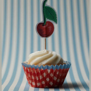 Frosted cupcake in red white gingham liner with cherry topper on stick