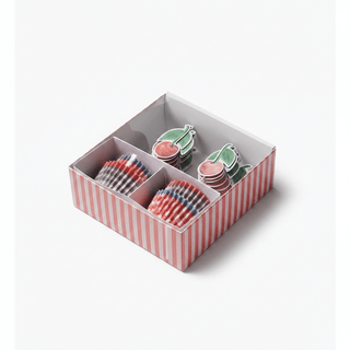 American Cupcake Kit open box with red blue gingham liners and cherry toppers