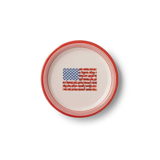 White background shot of 7-inch cream paper plate with red rim and floral American flag print