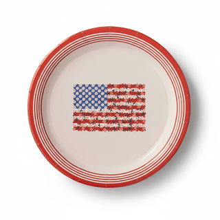 Studio view of 7-inch paper dessert plate featuring five white stripes and floral flag motif