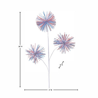 Decorative wall art of three multicolored flowers with measurements on a white background
