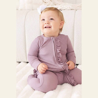 Amethyst Waffle Bamboo Ruffle Zipper Footie