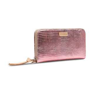 Pink textured wallet with a brand logo 