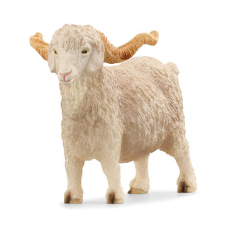 Schleich Angora Goat figurine, white and cream with golden curved horns, standing pose