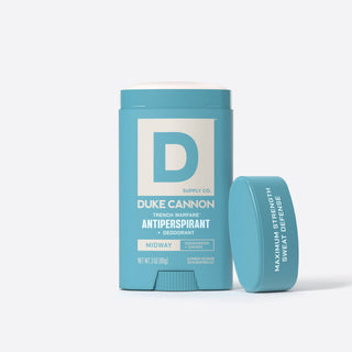 Duke Cannon Trench Warfare Antiperspirant Deodorant in Midway scent, cedarwood and ginger, 3oz stick with cap removed
