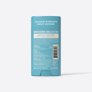 Back label of Duke Cannon Midway Maximum Strength Antiperspirant Deodorant showing drug facts and ingredients
