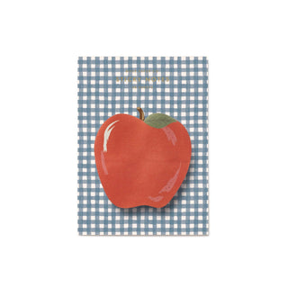 Rifle Paper Co. apple-shaped sticky notes pad on blue gingham patterned backing card, 50 sheets