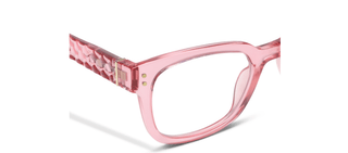 Aubrey Peepers pink crystal rectangular eyeglasses with marbled temple and gold hardware