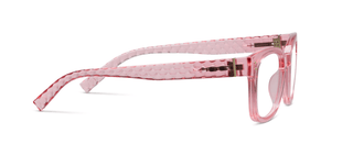 Aubrey Peepers pink transparent eyeglasses with textured temple arms, side view