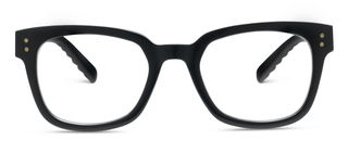 Peepers Aubrey black square acetate eyeglasses frames with gold rivets on white background