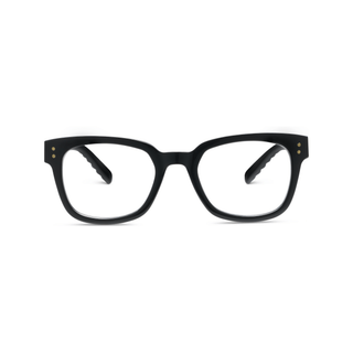 Peepers Aubrey black square eyeglass frames with clear lenses and gold accent rivets