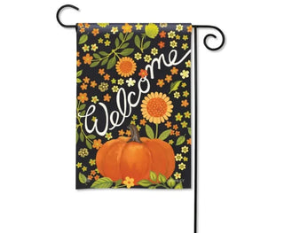 Autumn Meadow garden flag with pumpkin, sunflowers, and Welcome script on black background
