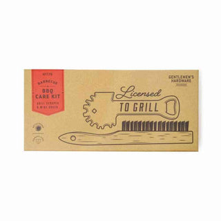 BBQ Care Kit packaging in kraft paper sleeve with red label showing grill scraper and wire brush