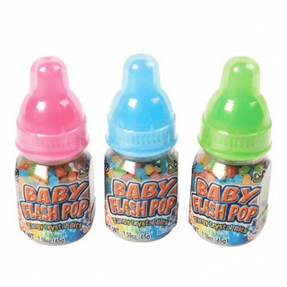 Us Toy Company Baby Flash Pop tangy crystal bits in clear baby bottle snacks pink blue green