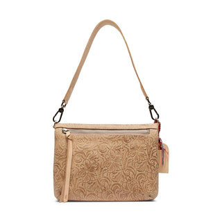 Beige floral-patterned handbag with a strap