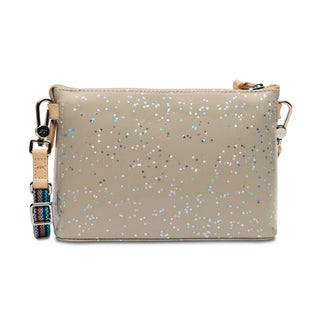 Beige glittery crossbody bag with a strap