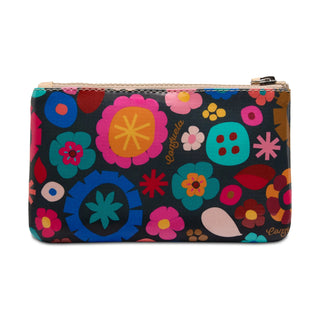 Colorful floral and abstract patterned pouch with a visible brand logo 