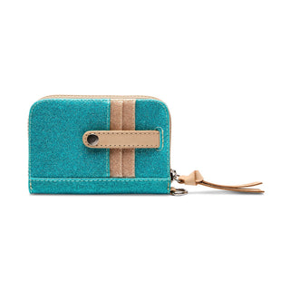 Teal wallet with beige strap and gold zipper 