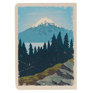 Illustration of a mountain and forest with a blue sky.