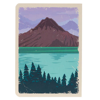 Illustration of a mountain reflected in water with trees at the base, on a textured paper background.