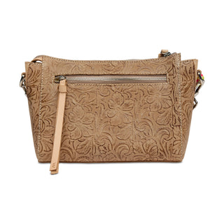 Brown leather handbag with floral embossing 