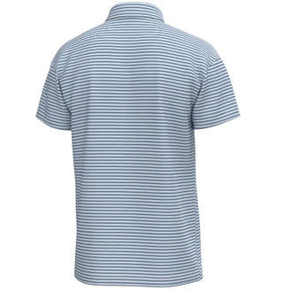 Back view of a blue and white striped polo shirt
