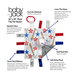 Diagram of 10x10 plush tag toy with soft minky backing and sewn shut ribbons