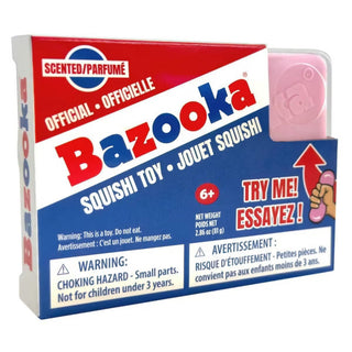 Bazooka Gum Scented Squishi Toy pink packaging with clear window and choking hazard warning