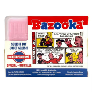 Bazooka Squishi Toy back box vintage comic characters and regulatory info