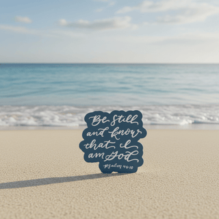 Be Still and Know teal magnet with tranquil beach scene backdrop