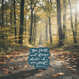Be Still and Know teal magnet with peaceful forest path backdrop