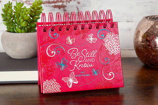 Hot pink spiral-bound perpetual devotional calendar with butterfly and floral embossed cover