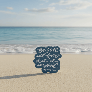 Be Still and Know teal magnet with tranquil beach scene backdrop