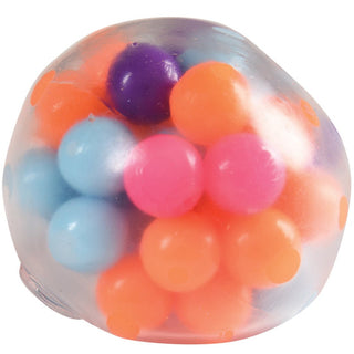 Clear stress ball filled with colorful beads in orange, purple, pink, and blue