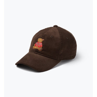 Dark brown corduroy baseball cap with embroidered teddy bear in red fair isle sweater