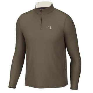 Local Boy Outfitters Bentley Quarter-Zip pullover in dark tan with embroidered dog and moon logo