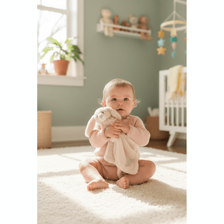 Baby holding soft plush bunny in nursery
