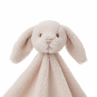 Close-up detail of plush bunny fabric and embroidered face