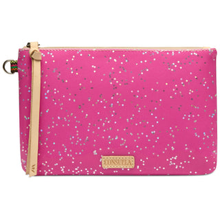 Consuela Berry Mighty Pouch, hot pink clutch with silver star pattern and wrist strap
